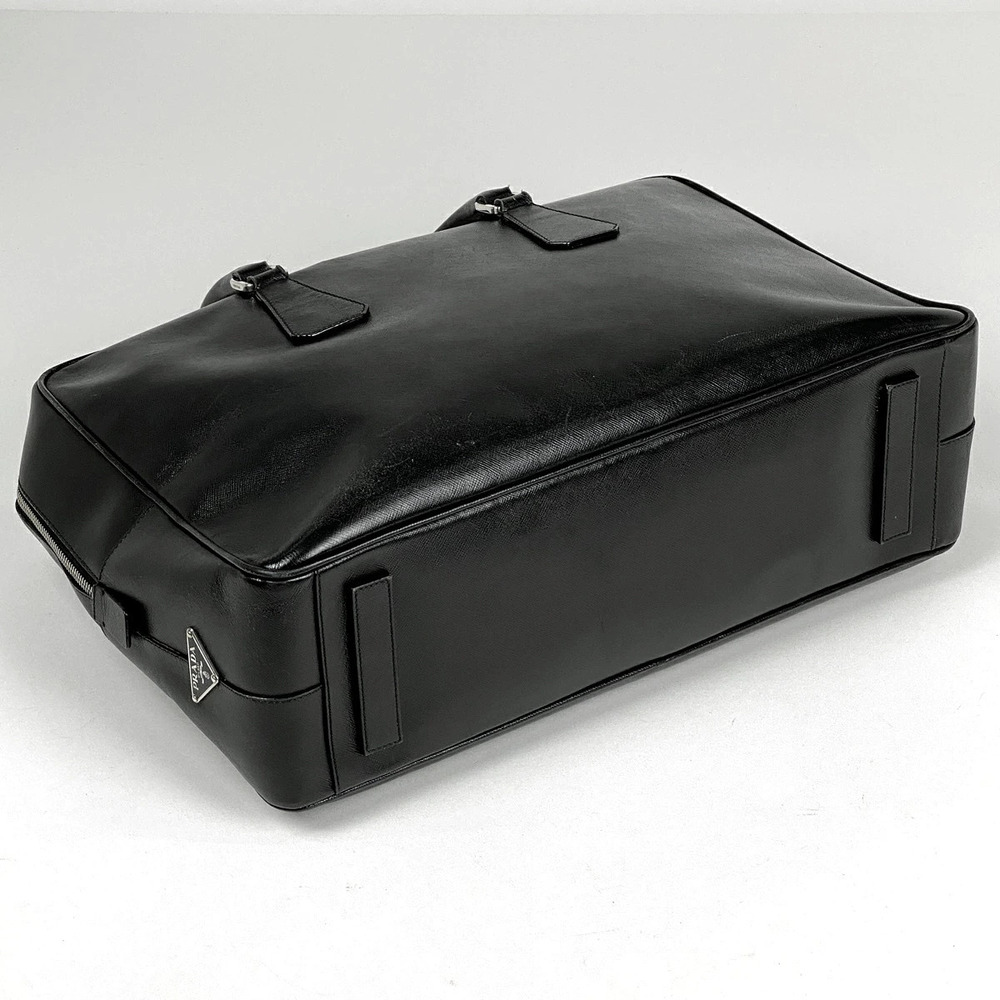 Prada Bag Leather Briefcase Document Business Logo Black Saffiano Nero Plate
